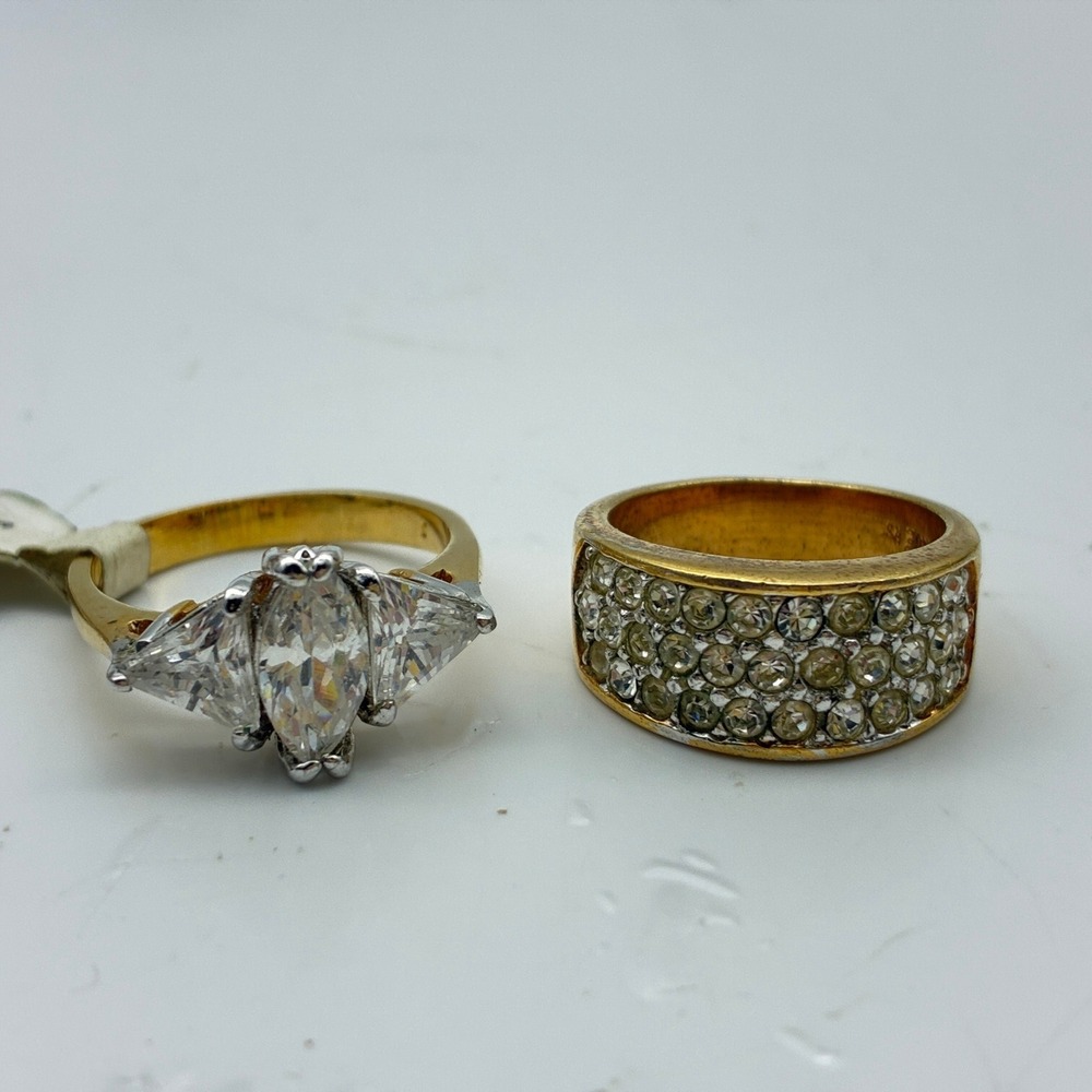 Gold Tone Ring Set Marquise Three Stone & Pavé Crystal Band Vintage Style